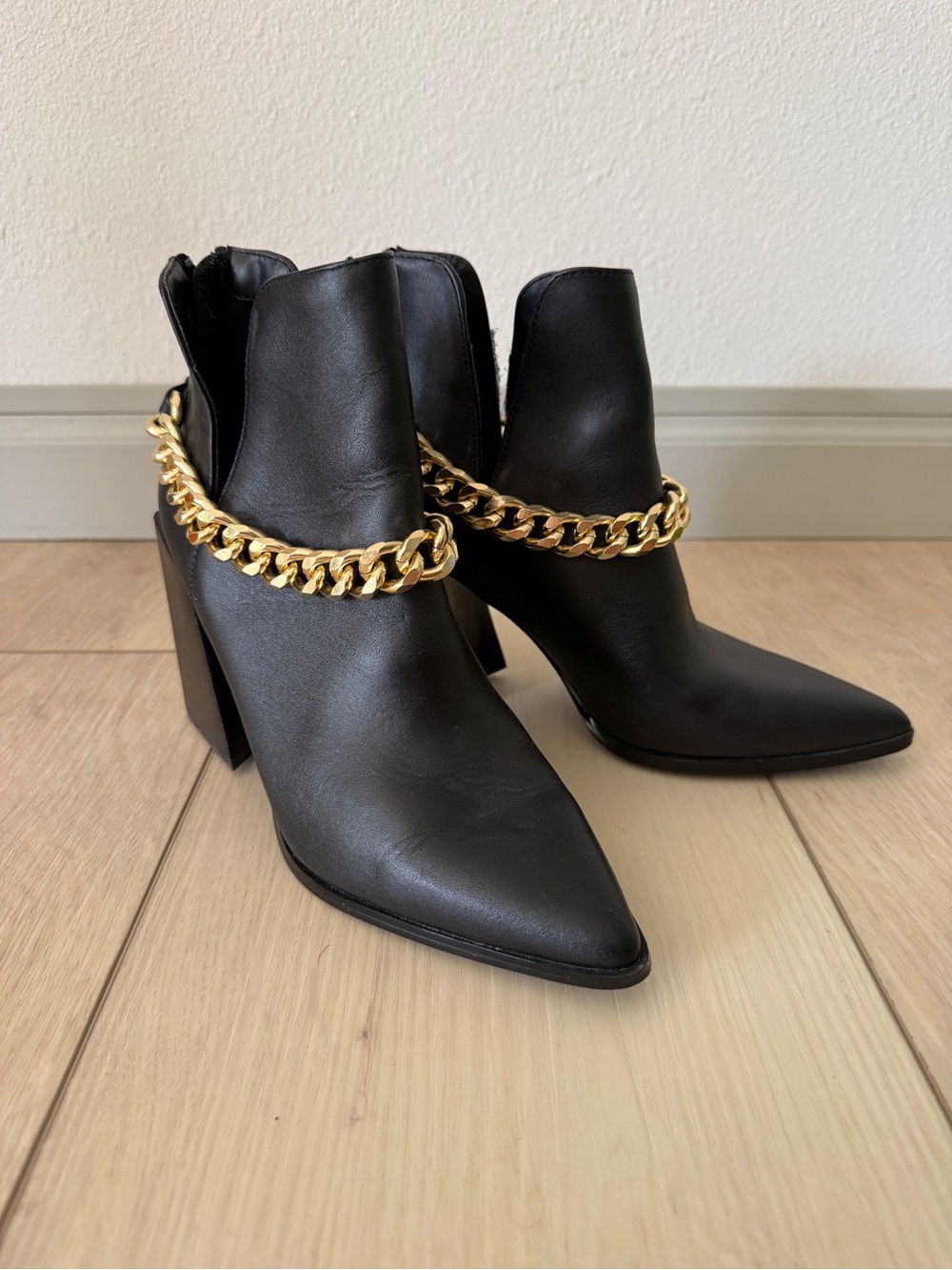Steve Madden Black Ankle Boots with Gold Chain Accent